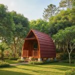 Rumah lumbung kayu ukuran 3x4 meter dengan atap lengkung merah di taman hijau