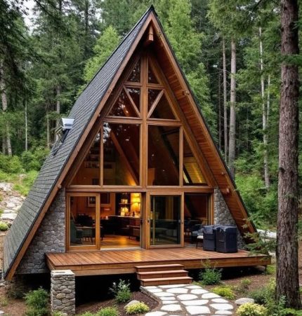 Rumah kayu A‑Frame minimalis dengan fasad kaca