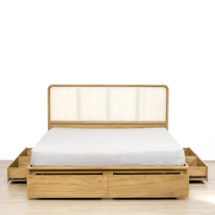 Tempat Tidur Laci Minimalis Kayu Jati Kombinasi Rotan
